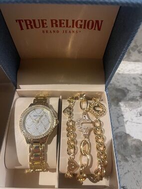 True Religion Gold-Tone Watch and Bracelet Trio